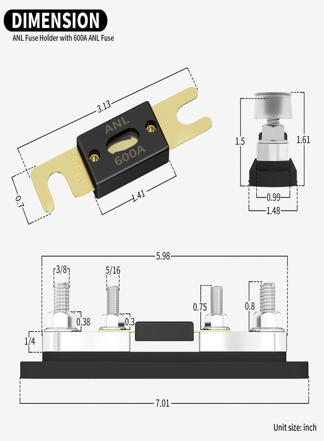 DAIERTEK حامل فيوزات DaierTek ANL مع فيوز ANL بقوة 600 أمبير، أطراف توصيل M10، كتلة فيوزات ANL بحرية بحد أقصى 750 أمبير مع فيوز ANL مطلي بالذهب بقوة 600 أمبير للسيارات والشاحنات والقوارب - Image 2